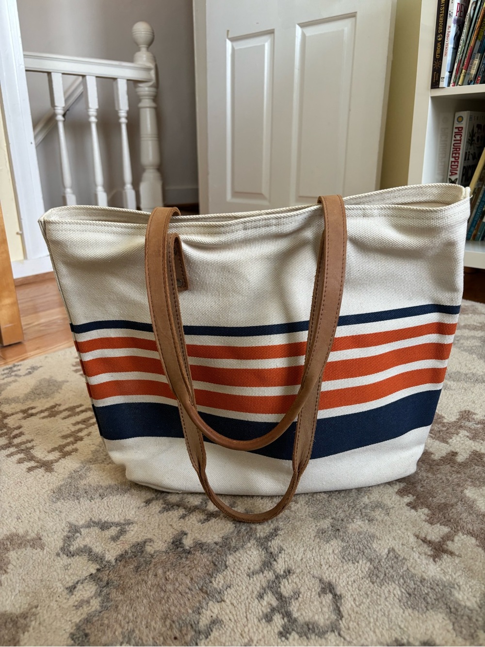 Rare Y2K L.L. Bean Boat and Tote with Leather Straps and Orange Stripe - Picture 2 of 14